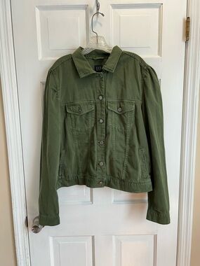 GAP Olive Green Denim Jacket  Women XXL Tall Puff Sleeve Utility